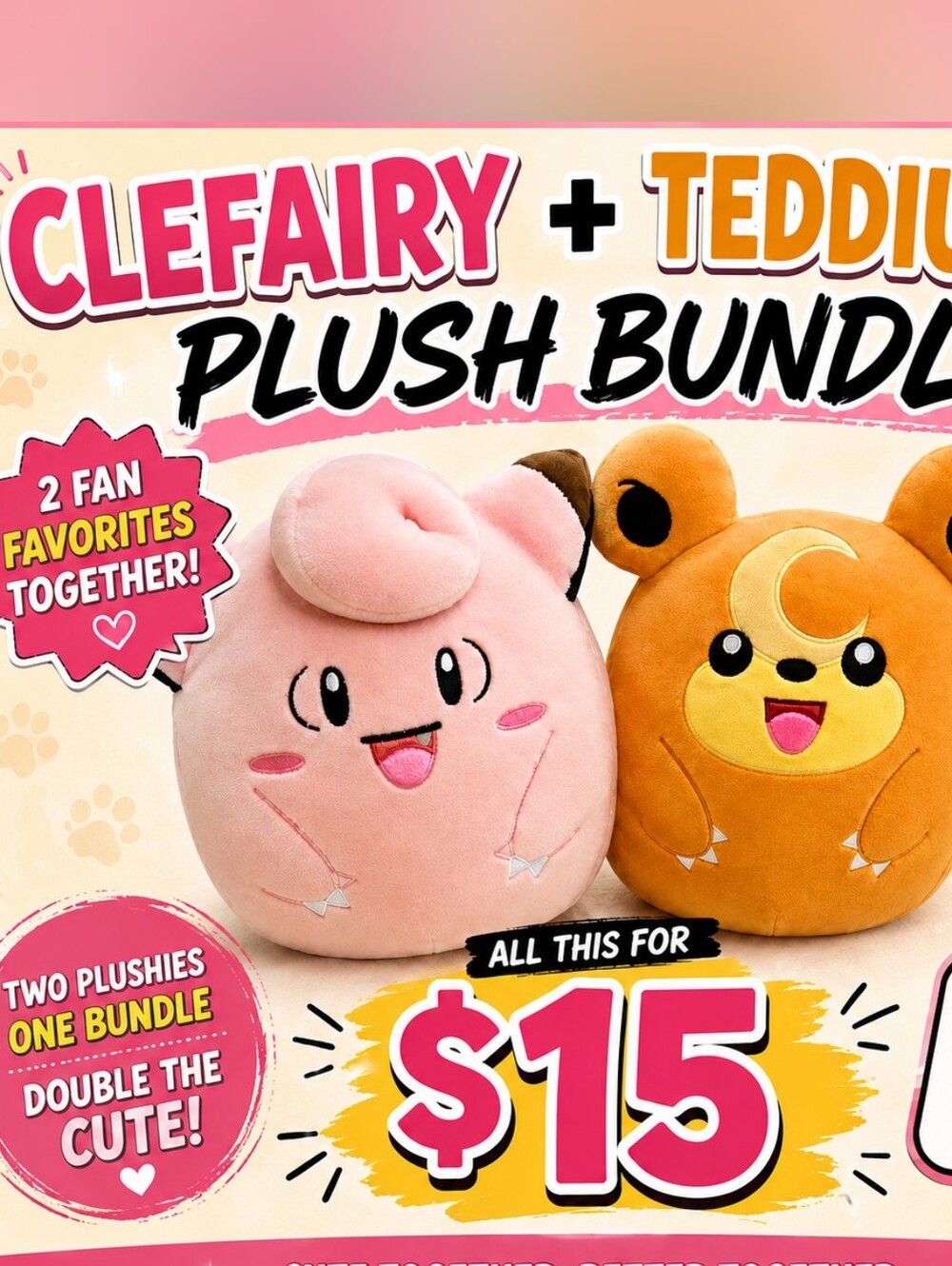 Squishmallows Clefairy Pink & Teddiursa Brown Plush Duo